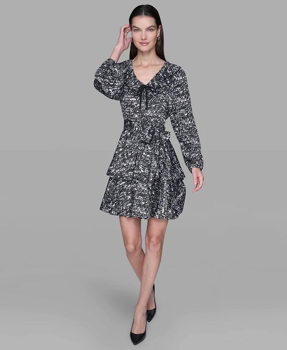 Karl Lagerfeld Paris Dress Womens 4 Multi Swirl Print Satin Ruffle Party NWT